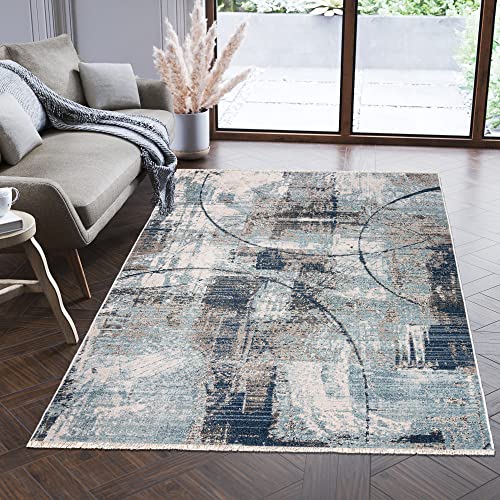 Carpeto Rugs Modern Teppich Abstrakt Muster mit Fransen - Lebendige Farben, Baumwollrücken, Kurzflor Niedriger Flor - Grau Blau 120 x 170 cm von Carpeto Rugs