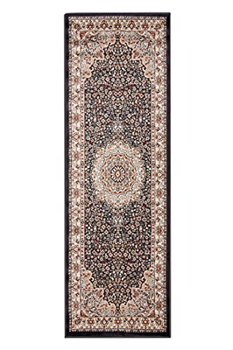 Carpeto Rugs Orientalischer Traditioneller Teppich mit Blumen - Kurzflor - Weich Teppich für Wohnzimmer, Schlafzimmer, Esszimmer - ÖKO-TEX Wohnzimmerteppich - Teppiche - Schwarz Beige - 80 x 300 cm von Mazovia