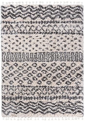 Carpeto Rugs Shaggy Teppich Boho mit Fransen - Skandinavischer Stil Ethno Muster - Wohnzimmer Schlafzimmer - Weich und Flauschig Hochflor 30 mm ÖKOTEX - Grau Creme 200 x 300 cm von Carpeto Rugs