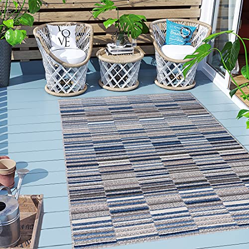 Carpeto Rugs Streifenmuster Outdoor Teppich Wetterfest für Balkon, Terasse - Balkon Teppich Wasserfest - Outdoorteppich Wetterfest - Aussenteppich Terrasse Groß - Grau Blau 1-160 x 230 cm von Carpeto Rugs