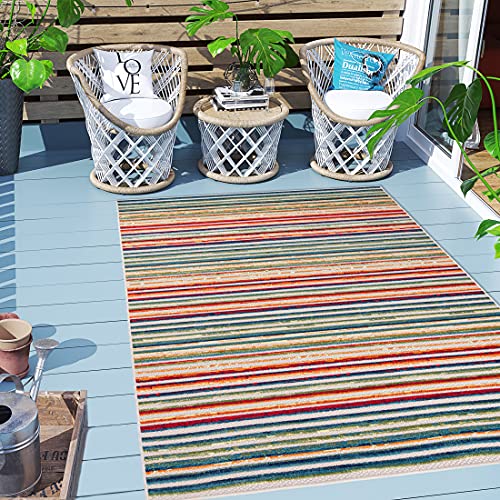 Carpeto Rugs Streifenmuster Outdoor Teppich Wetterfest für Balkon, Terasse - Balkon Teppich Wasserfest - Outdoorteppich Wetterfest - Aussenteppich Terrasse Groß - Mehrfarbig Bunt - 140 x 200 cm von Carpeto Rugs