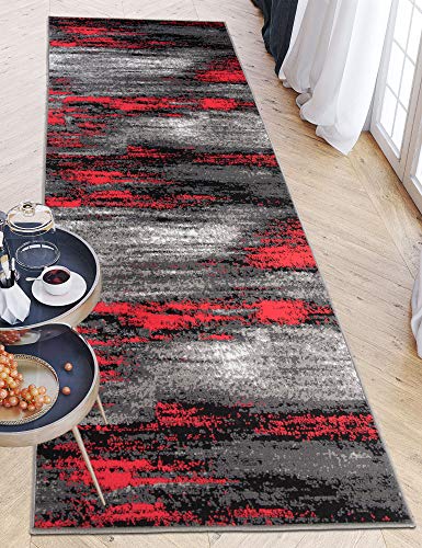 Carpeto Rugs Teppich Läufer Flur - Modern Teppichläufer – Kurzflor, Weich - für Küche Vorzimmer Eingangsbereich Schlafzimmer - Meterware 100 cm Breit - Grau Rot 100 x 250 cm von Carpeto Rugs