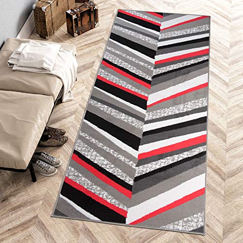 Carpeto Rugs Teppich Läufer Flur - Modern Teppichläufer – Kurzflor, Weich - für Küche Vorzimmer Eingangsbereich Schlafzimmer - Meterware 80 cm Breit - Grau Rot 80 x 100 cm von Carpeto Rugs