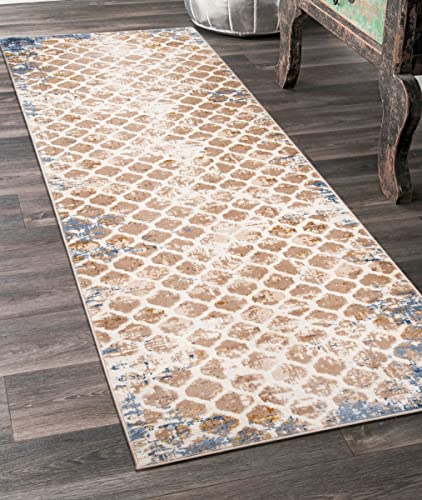 Carpeto Rugs Teppich Läufer Flur - Modern Teppichläufer – Kurzflor, Weich - für Vorzimmer Eingangsbereich Schlafzimmer Küche - Abstrakt Muster 100 cm Breite - Creme Beige 100 x 200 cm von Carpeto Rugs