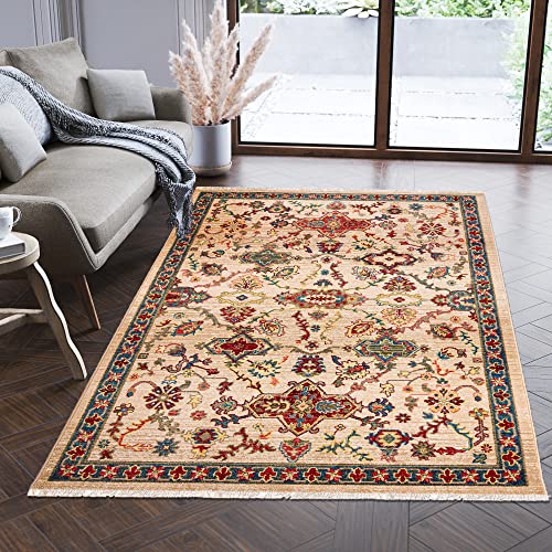 Carpeto Rugs Teppich Orientalisch Muster mit Fransen - Lebendige Farben, Baumwollrücken, Kurzflor Niedriger Flor - Beige 120 x 170 cm von Carpeto Rugs