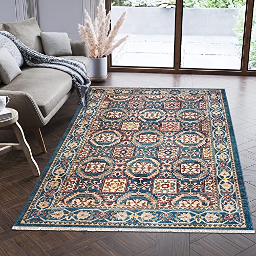 Carpeto Rugs Teppich Orientalisch Muster mit Fransen - Lebendige Farben, Baumwollrücken, Kurzflor Niedriger Flor - Blau 120 x 170 cm von Carpeto Rugs