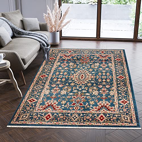 Carpeto Rugs Teppich Orientalisch Muster mit Fransen - Lebendige Farben, Baumwollrücken, Kurzflor Niedriger Flor - Blau 200 x 305 cm von Carpeto Rugs