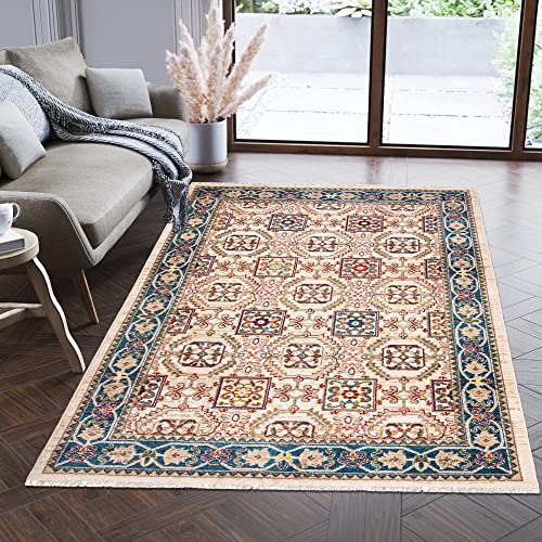 Carpeto Rugs Teppich Orientalisch Muster mit Fransen - Lebendige Farben, Baumwollrücken, Kurzflor Niedriger Flor - Creme Blau 200 x 305 cm von Carpeto Rugs