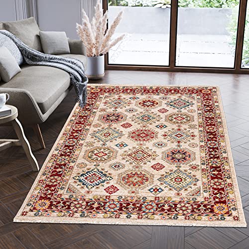 Carpeto Rugs Teppich Orientalisch Muster mit Fransen - Lebendige Farben, Baumwollrücken, Kurzflor Niedriger Flor - Creme Rot 200 x 305 cm von Carpeto Rugs