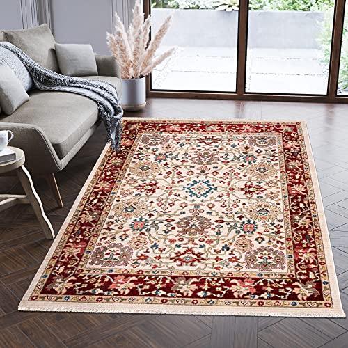 Carpeto Rugs Teppich Orientalisch Muster mit Fransen - Lebendige Farben, Baumwollrücken, Kurzflor Niedriger Flor - Creme Rot 200 x 305 cm von Carpeto Rugs