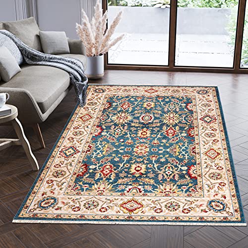 Carpeto Rugs Teppich Orientalisch Traditioneller Muster mit Fransen - Lebendige Farben, Baumwollrücken, Kurzflor Niedriger Flor - Beige Blau 120 x 170 cm von Carpeto Rugs