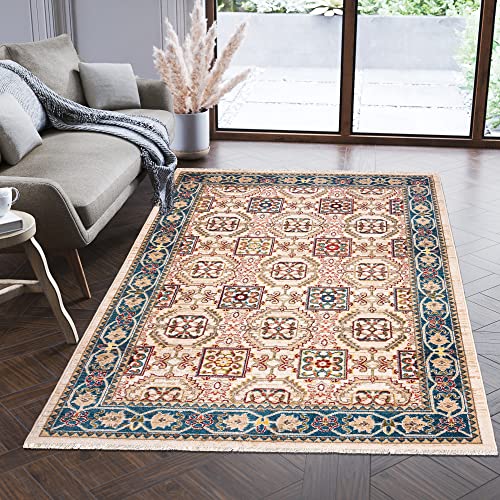 Carpeto Rugs Teppich Orientalisch Traditioneller Muster mit Fransen - Lebendige Farben, Baumwollrücken, Kurzflor Niedriger Flor - Creme Blau 160 x 225 cm von Carpeto Rugs