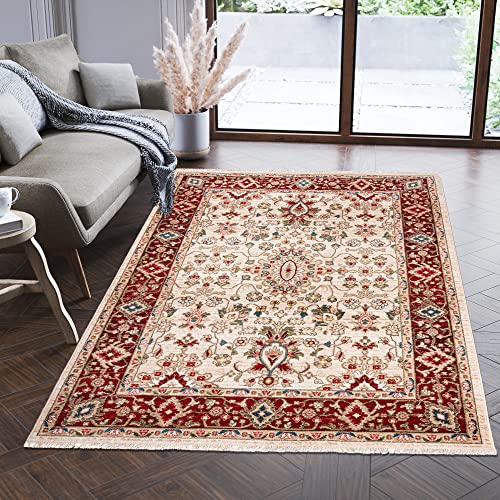 Carpeto Rugs Teppich Orientalisch Traditioneller Muster mit Fransen - Lebendige Farben, Baumwollrücken, Kurzflor Niedriger Flor - Creme Rot 200 x 305 cm von Carpeto Rugs