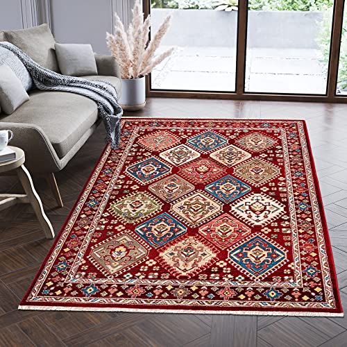 Carpeto Rugs Teppich Orientalisch Traditioneller Muster mit Fransen - Lebendige Farben, Baumwollrücken, Kurzflor Niedriger Flor - Rot 200 x 305 cm von Carpeto Rugs