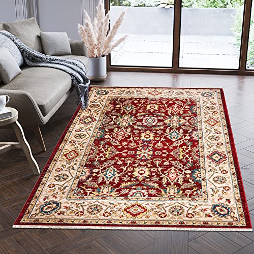 Carpeto Rugs Teppich Orientalisch Traditioneller Muster mit Fransen - Lebendige Farben, Baumwollrücken, Kurzflor Niedriger Flor - Rot Beige 200 x 305 cm von Carpeto Rugs