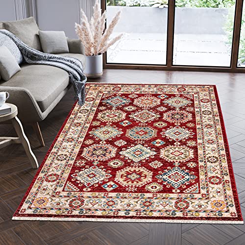 Carpeto Rugs Teppich Orientalisch Traditioneller Muster mit Fransen - Lebendige Farben, Baumwollrücken, Kurzflor Niedriger Flor - Rot Bordeaux Beige 200 x 305 cm von Carpeto Rugs