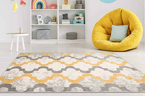 Carpeto Rugs Teppich Wohnzimmer Kurzflor Grau Modern Geometrisch Rauten Muster Marokkanisches Design - Niedrigflor Teppich für Wohnzimmer Jugenzimmer Kinderzimmer Grau Gelb 160 x 220 cm von Carpeto Rugs