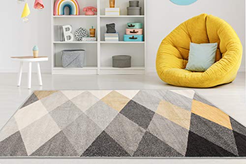 Carpeto Rugs Teppich Wohnzimmer Kurzflor Grau Modern Geometrisch Rauten Muster - Niedrigflor Teppich für Wohnzimmer Jugenzimmer Kinderzimmer/Öko-Tex Pastell Grau Gelb 300 x 400 cm von Carpeto Rugs