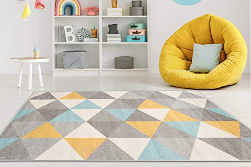 Carpeto Rugs Teppich Wohnzimmer Kurzflor Grau Modern Geometrisch Rauten Muster - Niedrigflor Teppich für Wohnzimmer Jugenzimmer Kinderzimmer/Öko-Tex Pastell Grau Gelb Türkis 180 x 260 cm von Carpeto Rugs