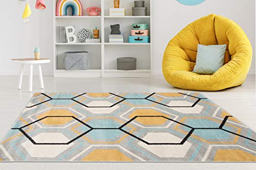 Carpeto Rugs Teppich Wohnzimmer Kurzflor Grau Modern Geometrisch Wabenmuster Rauten Muster - Niedrigflor Teppich für Wohnzimmer Jugenzimmer Kinderzimmer/Öko-Tex Türkis Grau Gelb 240 x 330 cm von Carpeto Rugs