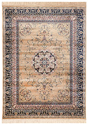 Carpeto Rugs Teppich mit Fransen Orientalisch in Beige - Wohnzimmer Schlafzimmer - Klassisch Orient Muster dicht gewebt - Kurzflor Weiche Viskose - Faser 80 x 220 cm von Carpeto Rugs