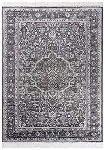 Carpeto Rugs Teppich mit Fransen Orientalisch in Schwarz Grau - Wohnzimmer Schlafzimmer - Klassisch Orient Muster dicht gewebt - Kurzflor Weiche Viskose - Faser 160 x 230 cm von Carpeto Rugs