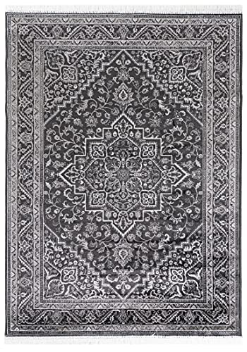 Carpeto Rugs Teppich mit Fransen Orientalisch in Schwarz Grau - Wohnzimmer Schlafzimmer - Klassisch Orient Muster dicht gewebt - Kurzflor Weiche Viskose - Faser 185 x 275 cm von Carpeto Rugs