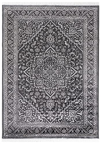 Carpeto Rugs Teppich mit Fransen Orientalisch in Schwarz Grau - Wohnzimmer Schlafzimmer - Klassisch Orient Muster dicht gewebt - Kurzflor Weiche Viskose - Faser 80 x 150 cm von Carpeto Rugs