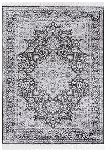 Carpeto Rugs Teppich mit Fransen Orientalisch in Schwarz Grau - Wohnzimmer Schlafzimmer - Klassisch Orient Muster dicht gewebt - Kurzflor Weiche Viskose - Faser 80 x 220 cm von Carpeto Rugs