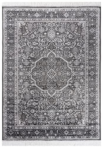 Carpeto Rugs Teppich mit Fransen Orientalisch in Schwarz Grau - Wohnzimmer Schlafzimmer - Klassisch Orient Muster dicht gewebt - Kurzflor Weiche Viskose - Faser 80 x 220 cm von Carpeto Rugs