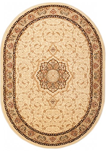 Carpeto Teppich Oval Orientteppich Creme 150 x 295 cm Medaillon Konturenschnitt Muster Iskander Kollektion von Carpeto Rugs