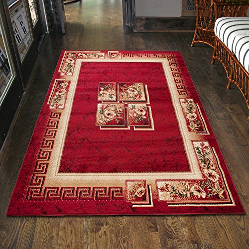 Carpeto Teppich Wohnzimmer Rot mit Klassisch Blumen Griechisch Muster Läufer Kurzflor Pflegeleicht ÖKO TEX Zertifiziert Grösse : Klein bis XXL (80x250 cm) von Carpeto