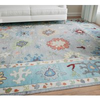 Moderner Blauer Oushak Teppich 230x300, Grauer Orange Rot Gelber Akzent 200x300, Wollteppich Schlafzimmer Bloomin "Happy Ar_3065 von CarpetsBazaar