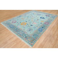 Teal Blau Grauer Oushak Teppich, Wollteppich Handgemacht, Moderner Teppich Helle Farben, Handgemacht Berry Bliss Ar_3312 von CarpetsBazaar