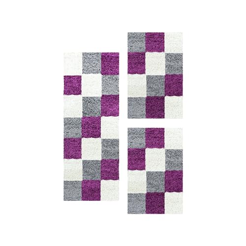 Carpetsale24 Bettumrandung Schlafzimmer 3 teilig Shaggy Hochflor Teppich Violett Bettvorleger Schlafzimmer Bettset: 2 St. 80x150 cm | 1 St. 80x250 cm - Teppich Läufer Set Kariert Design von Carpetsale24