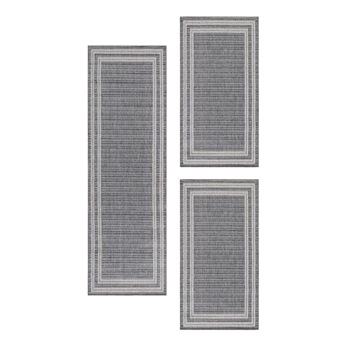 Carpetsale24 Bettumrandung Schlafzimmer 3 teilig Teppich Grau Flachgewebe Bettvorleger Schlafzimmer Bettset: 2 St. 80x150 cm | 1 St. 80x250 cm - In- & Outdoor Teppich Läufer Set Küche Terrasse Balkon von Carpetsale24