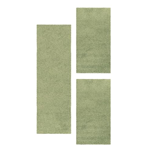 Carpetsale24 Bettumrandung Schlafzimmer 3 teilig Shaggy Hochflor Teppich Grün Bettvorleger Schlafzimmer Bettset: 2 St. 60x110 cm | 1 St. 100x200 cm - Teppich Läufer Set Einfarbig Design von Carpetsale24