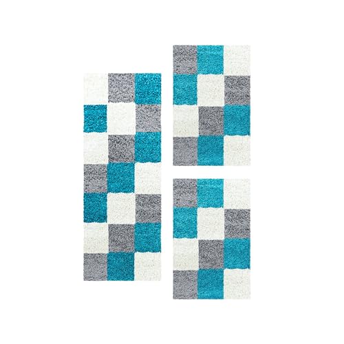 Carpetsale24 Bettumrandung Schlafzimmer 3 teilig Shaggy Hochflor Teppich Blau Bettvorleger Schlafzimmer Bettset: 2 St. 60x110 cm | 1 St. 80x250 cm - Teppich Läufer Set Kariert Design von Carpetsale24
