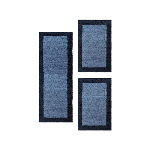 Carpetsale24 Bettumrandung Schlafzimmer 3teilig Shaggy Hochflor Teppich Marineblau Bettvorleger Schlafzimmer Bettset: 2 St. 60x110 cm | 1 St. 80x150 cm - Flauschiger Teppich Läufer Set Bordüre Design von Carpetsale24