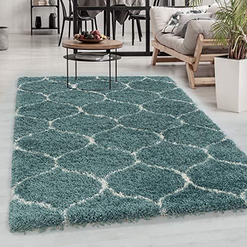 Carpetsale24 Designer Hochflor Teppich Modern, Skandinavische Design, Flauschiger Langflor Shaggy Teppich, Rechteckig, Pflegeleicht, Wohnzimmerteppich, Größe:80 x 150 cm,Farbe:Blau-Creme von Carpetsale24