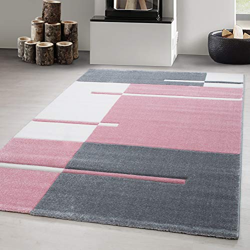 Carpetsale24 Konturenschnitt Teppich Wohnzimmer Pink - Grau - Weiß 160 x 230 cm - Kurzflor Teppich Schlafzimmer Kariert Design Pflegeleicht und Extra Weich - Waschbarer Teppiche für Esszimmer Küche von Carpetsale24