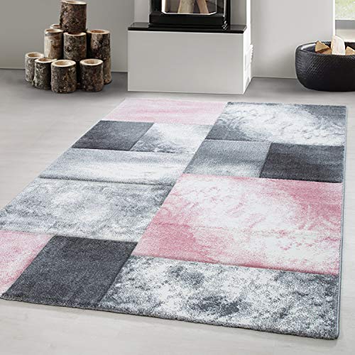 Carpetsale24 Konturenschnitt Teppich Wohnzimmer Pink - Grau - Weiß 160 x 230 cm - Kurzflor Teppich Schlafzimmer Kariert und Marmor Design Pflegeleicht Weich - Waschbarer Teppiche für Esszimmer Küche von Carpetsale24