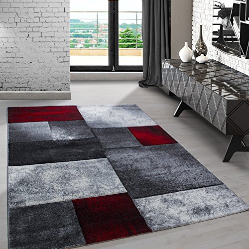 Carpetsale24 Teppich Läufer 80x150 cm – Kurzflor Konturenschnitt in Rot Grau Weiß – Kariertes Design, Waschbar, Pflegeleicht, Extra Weich – Für Flur, Küche, Schlafzimmer von Carpetsale24