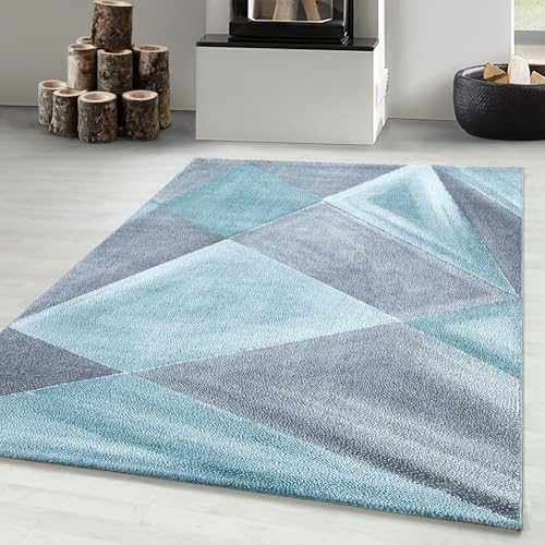 Carpetsale24 Teppich Wohnzimmer Modern Abstrakt Gemustert Blau 200 x 290 cm - Kurzflor Teppich Schlafzimmer Geometrisch Design Pflegeleicht Extra Weich - Teppich für Jugendzimmer Küche Esszimmer von Carpetsale24