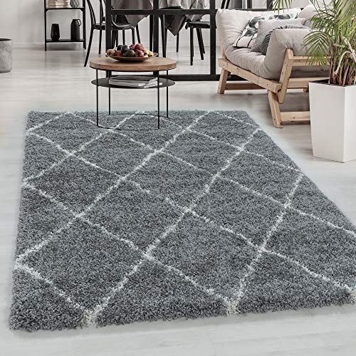 Carpetsale24 Hochflor Läufer Teppich Grau 60x110 cm Rauten Design Flauschiger und Weich Langflor Skandinavischer Stil Shaggy Kleiner Teppich von Carpetsale24