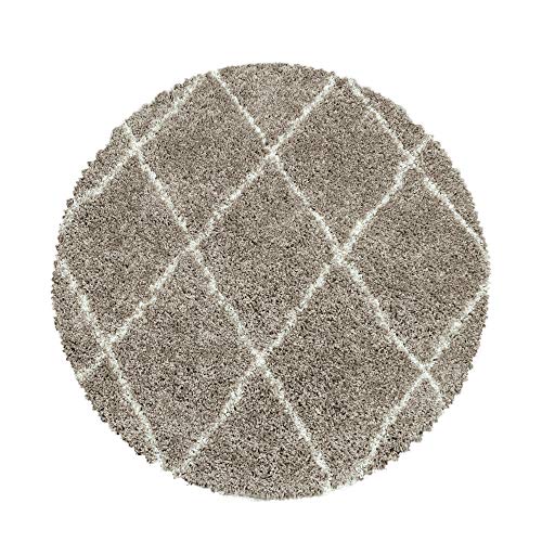 Carpetsale24 Hochflor Runder Teppich Beige 160 cm Rund Rauten Design Flauschig- Langflor Wohnzimmerteppich Skandinavischer Stil Shaggy Teppich von Carpetsale24