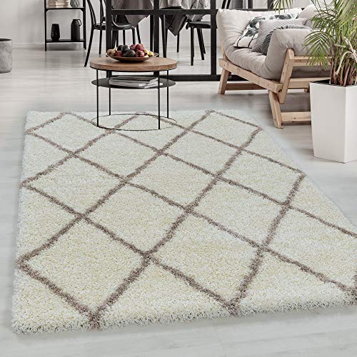 Carpetsale24 Hochflor Teppich Creme 240x340 cm Rauten Design Flauschig- Langflor Wohnzimmerteppich Skandinavischer Stil Shaggy großer Teppich von Carpetsale24