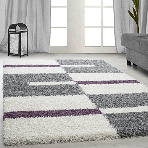 Carpetsale24 Hochflor Teppich Läufer 60x110 cm Lila-Grau – Weiche Shaggy Matte im Karierten Design – Flokati für Flur, Eingangsbereich oder neben dem Bett – Pflegeleicht & dekorativ von Carpetsale24