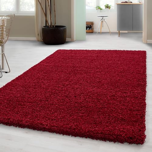 Carpetsale24 Shaggy Hochflor Teppich Wohnzimmer 160x230 cm Rot Modern - Teppich Flauschig, Extra Weich, Pflegeleicht und einfarbig - für Schlafzimmer, Esszimmer - Ideal als Küchenteppich von Carpetsale24