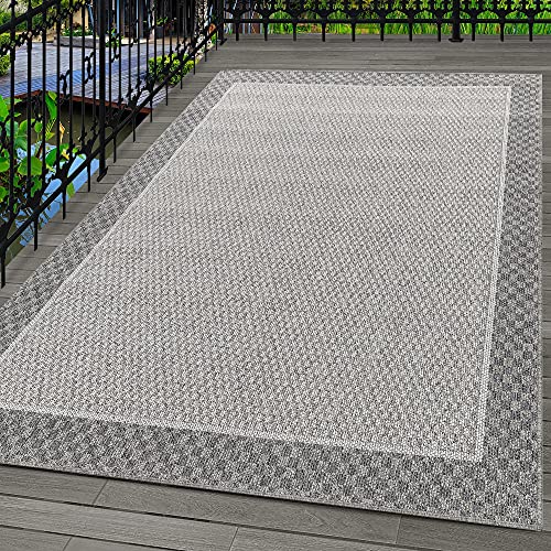 Carpetsale24 In- & Outdoor Teppich 160x230 cm, Wetterfest & Robust, Flachgewebe mit Modernem Bordüren-Design in Grau & Creme, Rechteckig für Terrasse, Balkon, Küche, Bad & Wohnzimmer von Carpetsale24